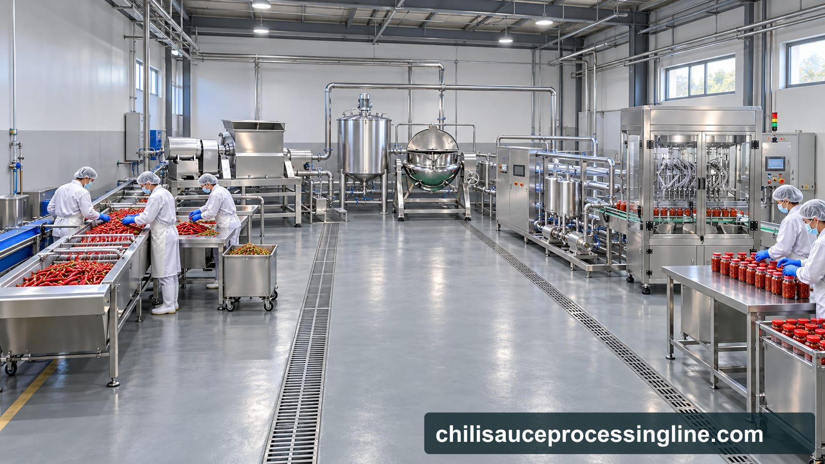 Conceptual factory layout of a chili sauce line with brush washing, inspection, destemming, coarse crushing, blending, jacketed kettle cooking, tubular thermal processing, bottle filling and a separate CIP support circuit.