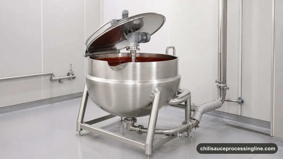 Illustrated chili sauce processing vessel, sample, packaging, and sanitary line connections for buyer questions