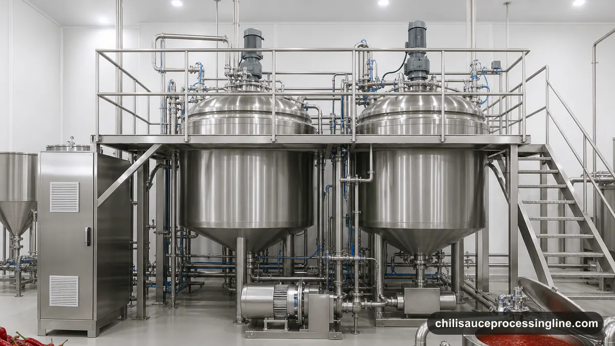 Illustrated stainless chili sauce processing line with blending vessels, sanitary piping, and a red sauce flow