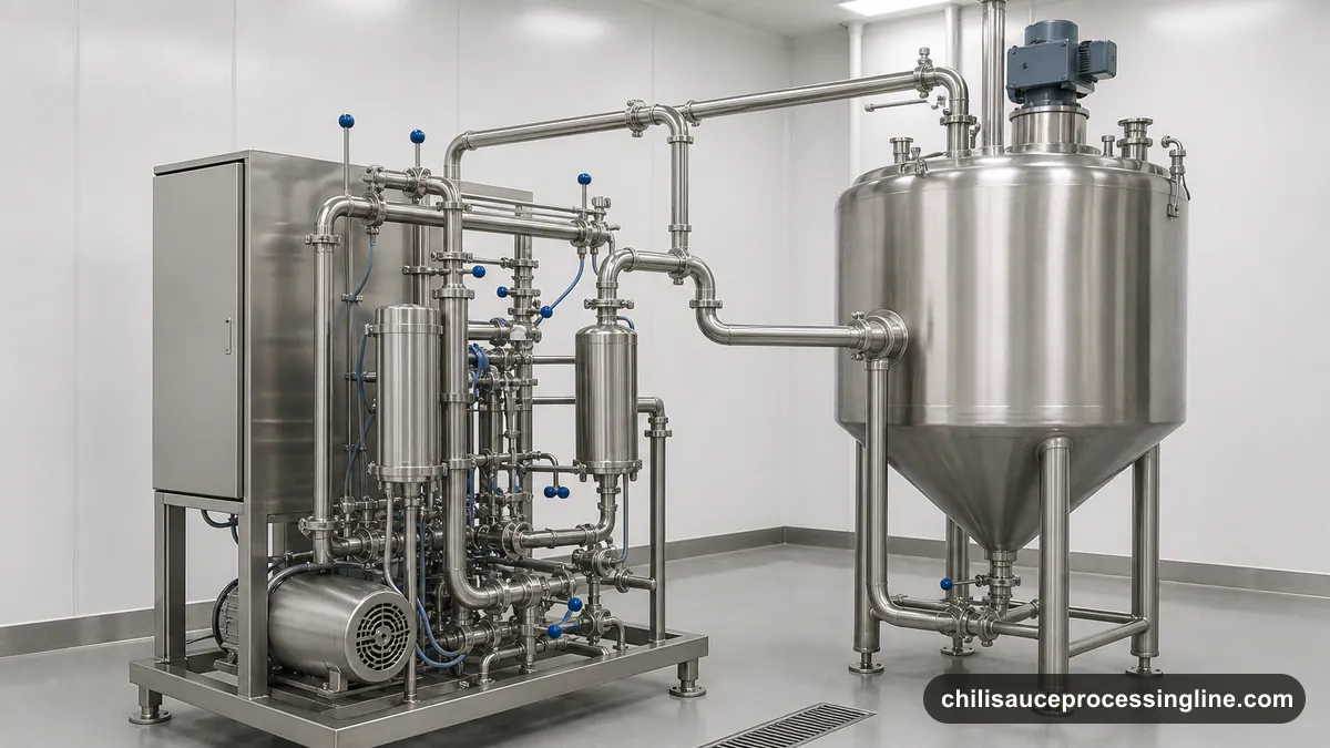 Illustrated hygienic CIP skid with sanitary tanks, valves, drainable piping, and inspection access