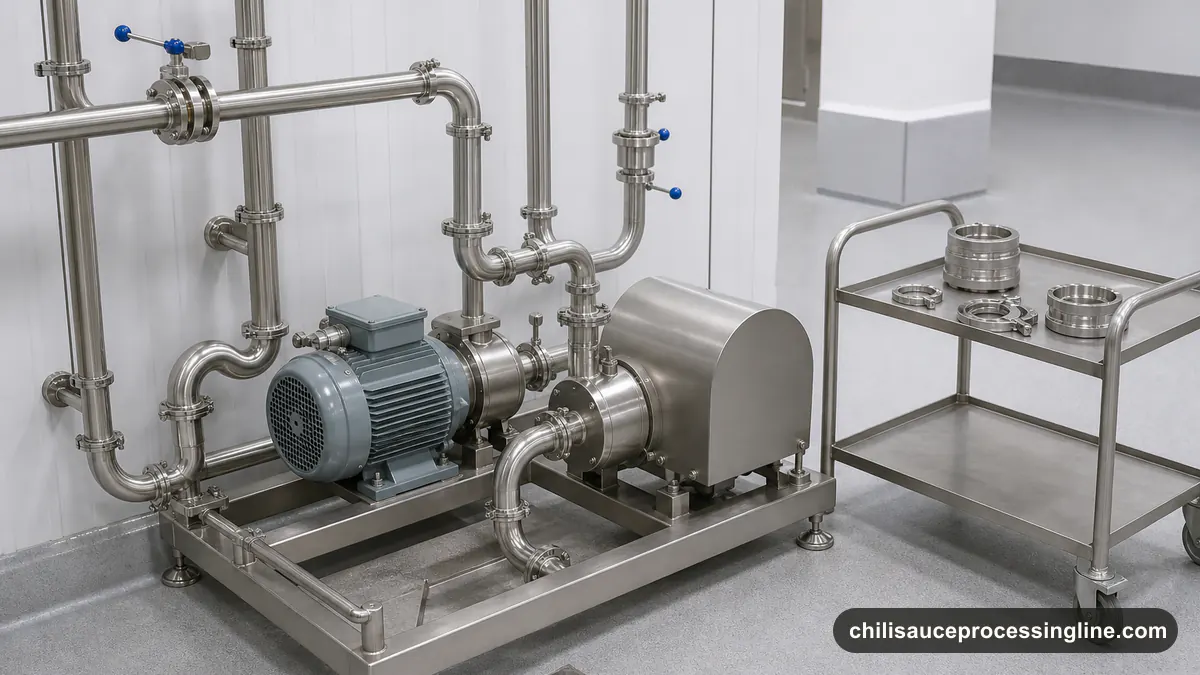 Illustrated sanitary pump group with accessible valves, instruments, isolation points, and maintenance clearances