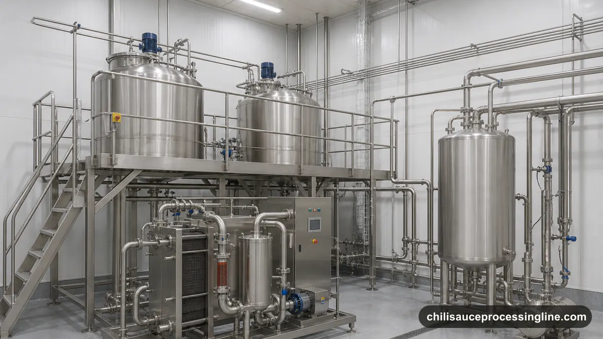 Illustrated chili sauce production modules connected to utilities, controls, drainage, and packaging interfaces