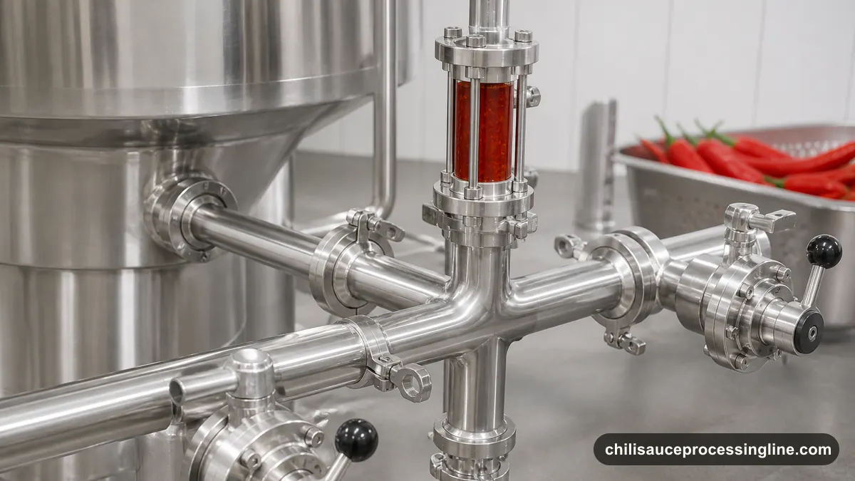 Illustrated close view of sanitary stainless piping, welds, seals, and a red sauce product-contact path
