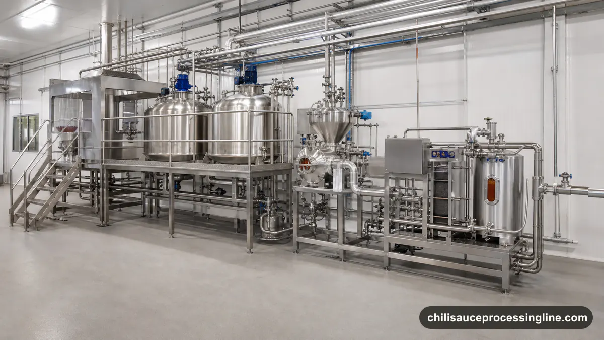 Illustrated chili sauce manufacturing flow from preparation and blending to hygienic filling and closing