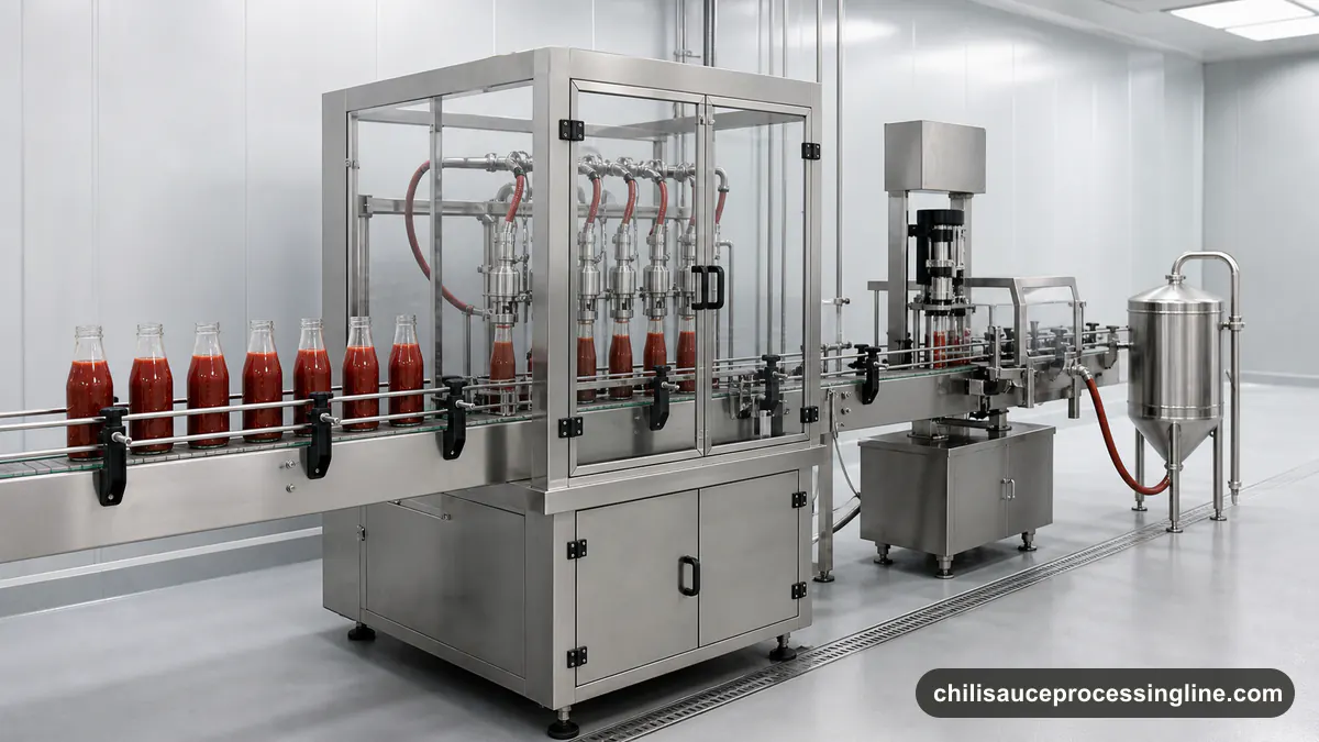 Illustrated generic chili sauce filling line with bottles, sanitary product supply, closing, and inspection interfaces