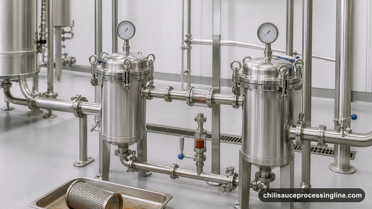 Illustrated sanitary filter, pump, process sample, and instruments used to investigate chili sauce line variation