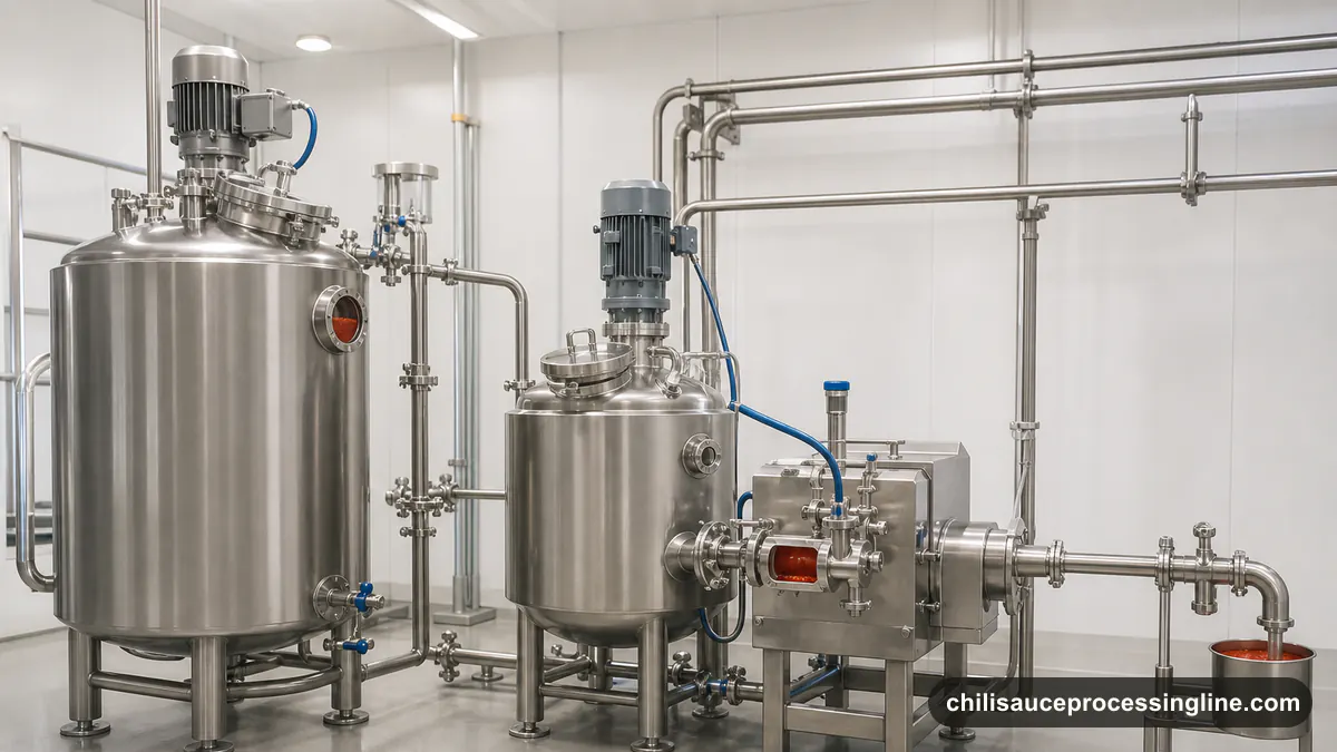Illustrated modular batch and continuous chili sauce processing configurations in a hygienic production space