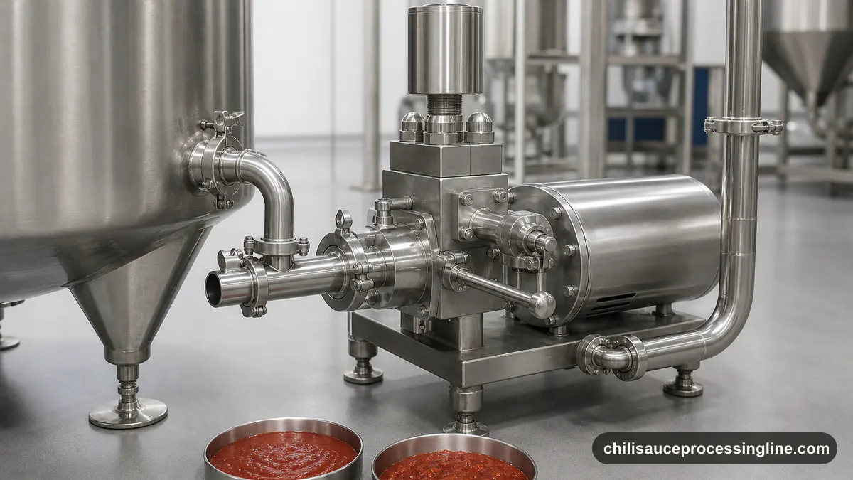 Illustrated chili sauce sample, sanitary valve, pump, and process vessel showing product behavior through a line
