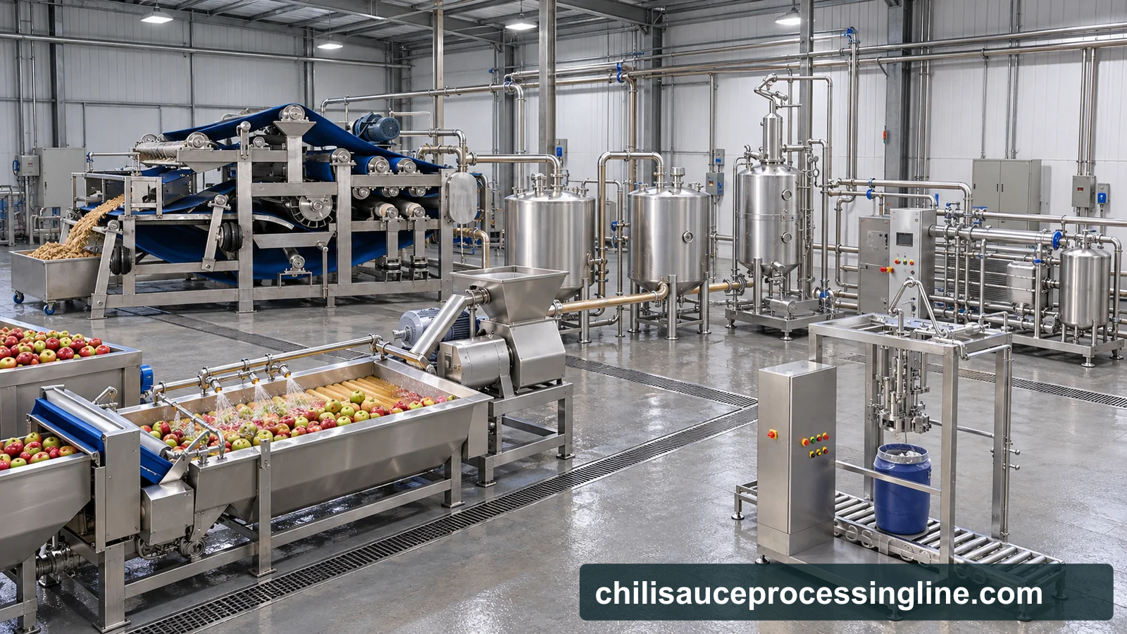 Conceptual factory visualization of a cloudy apple juice line with brush washer, mill, blue-belt press, closed juice tanks, deaeration vessel, thermal treatment skid and drum filler