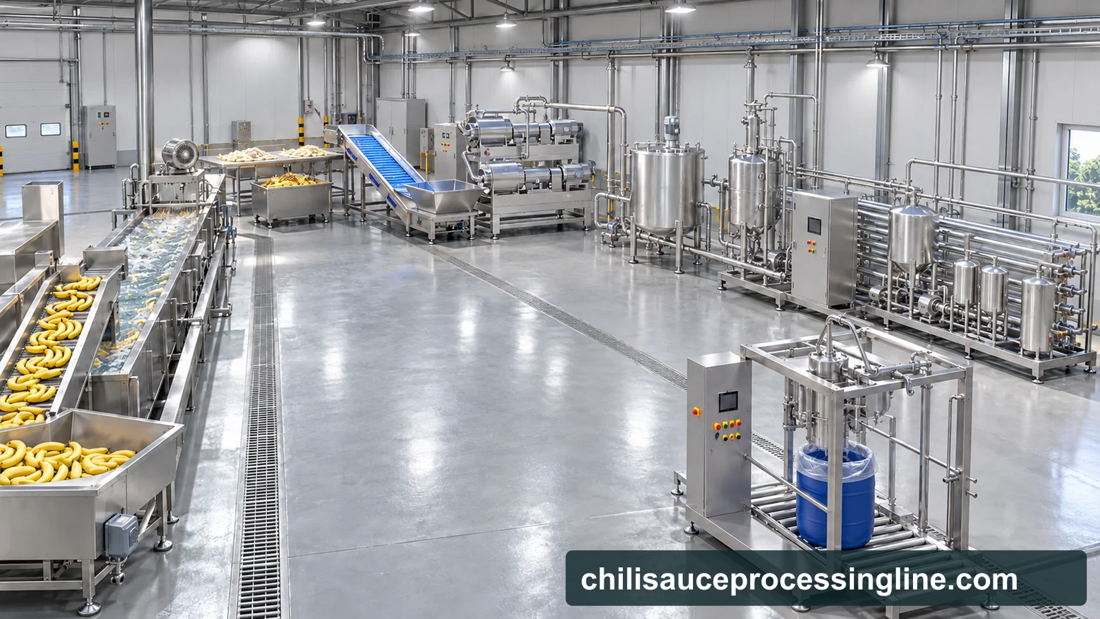 Conceptual factory layout of a banana puree line: washing and peel separation, two-stage pulping and refining, buffer tanks, deaeration, thermal treatment and a drum filling interface
