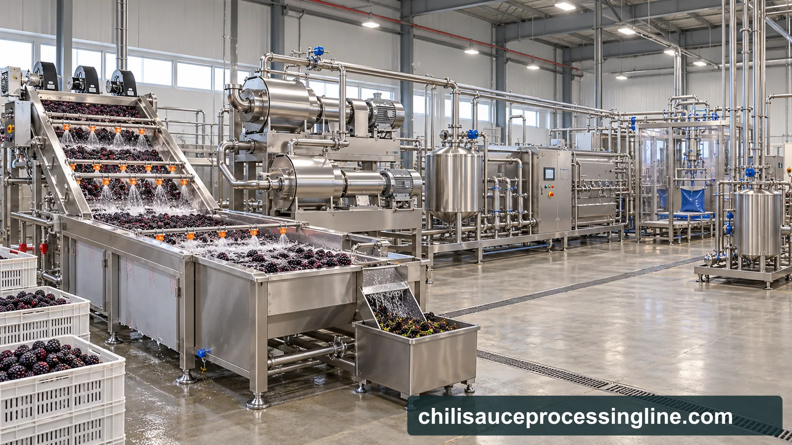 Reference-based conceptual blackberry puree factory layout showing receiving, fruit-specific preparation, product treatment and packing interfaces