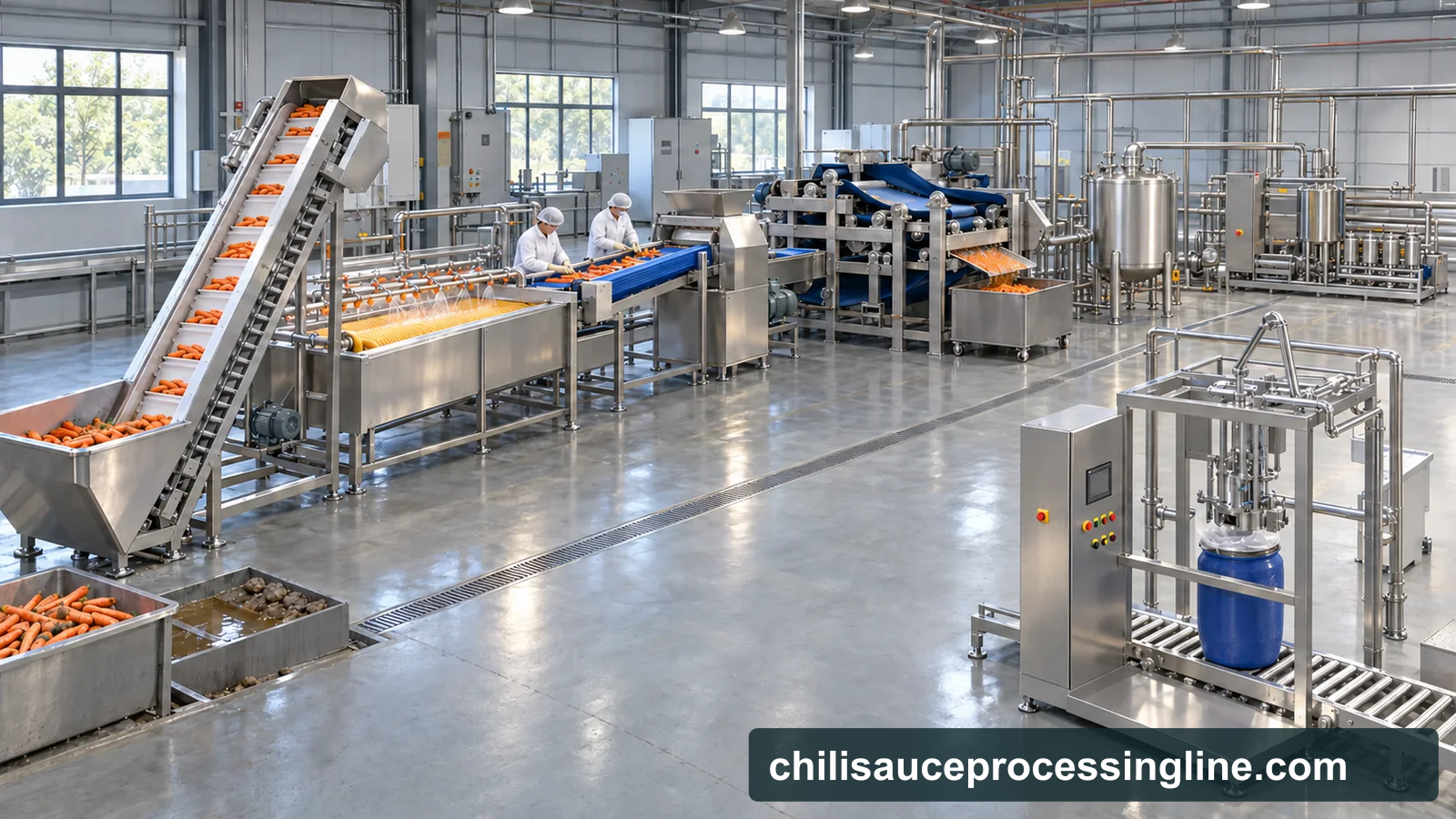 Conceptual carrot processing factory layout with receiving elevator, brush washer, manual inspection, size reduction, belt press, buffer tank, tubular treatment, CIP and bulk bag-in-drum filling.