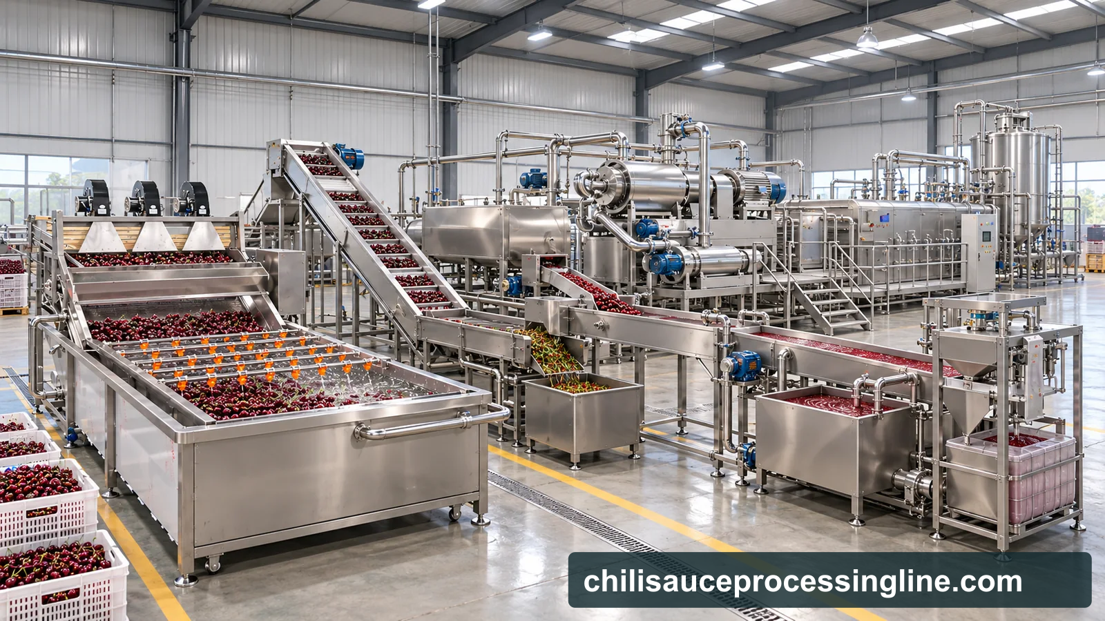 Reference-based conceptual cherry puree factory layout showing receiving, fruit-specific preparation, product treatment and packing interfaces