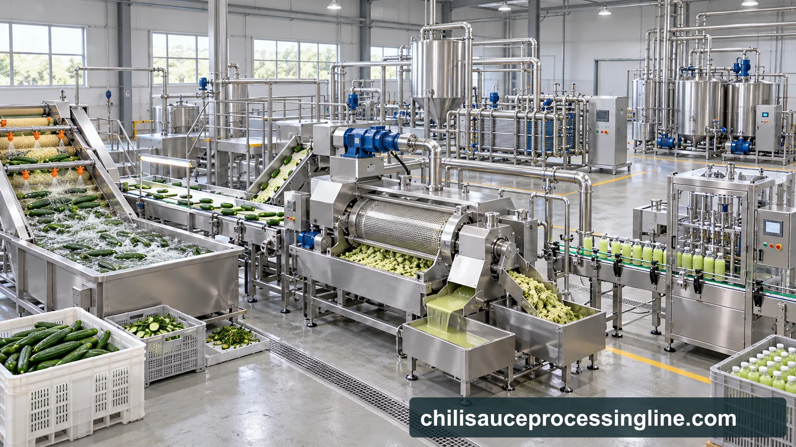 Reference-based conceptual cucumber juice factory layout showing receiving, fruit-specific preparation, product treatment and packing interfaces