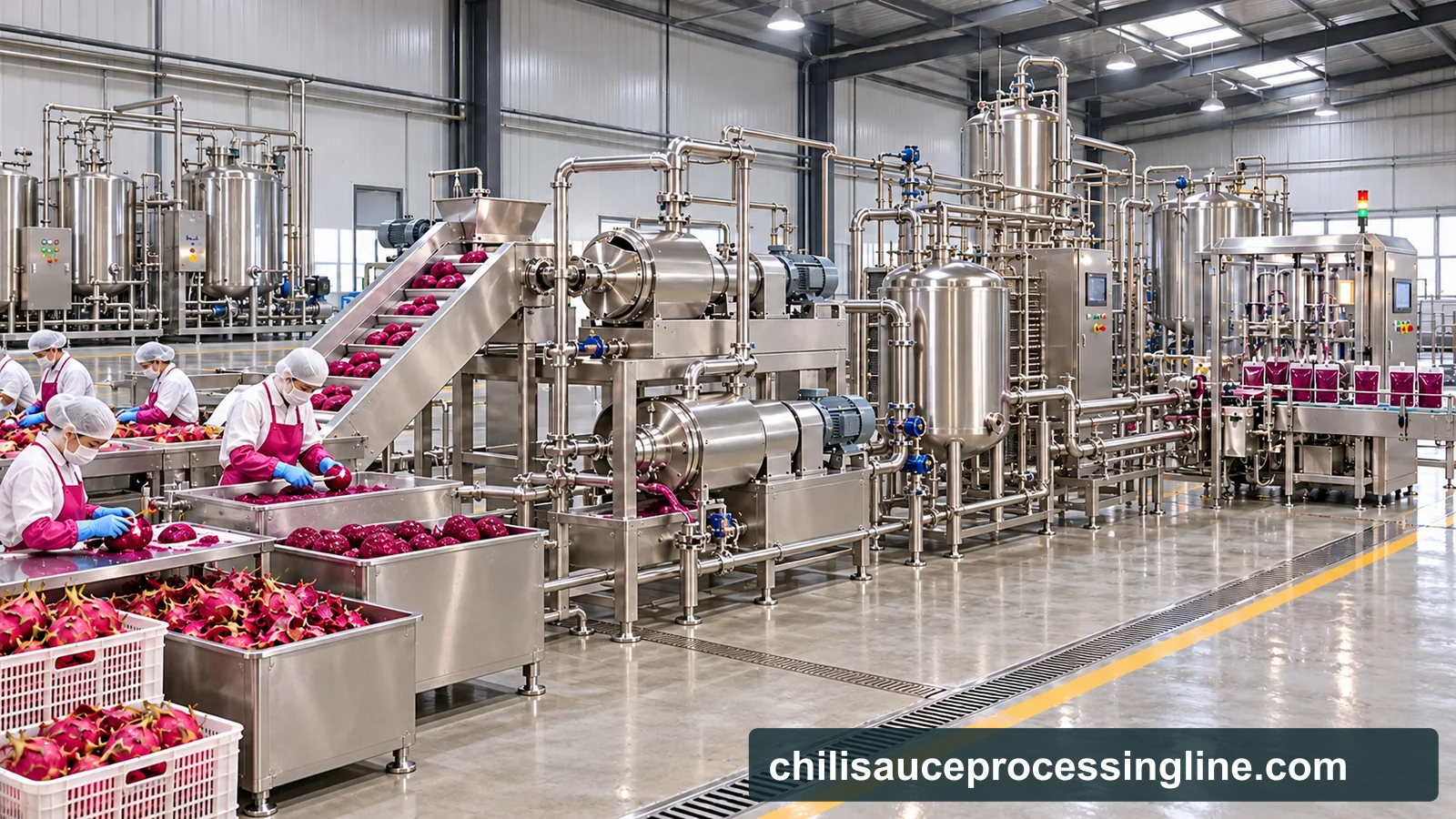 Reference-based conceptual dragon fruit puree factory layout showing receiving, fruit-specific preparation, product treatment and packing interfaces
