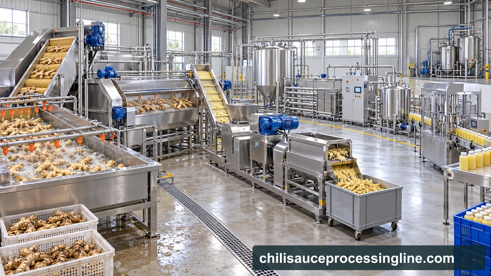 Reference-based conceptual ginger juice base factory layout showing receiving, fruit-specific preparation, product treatment and packing interfaces