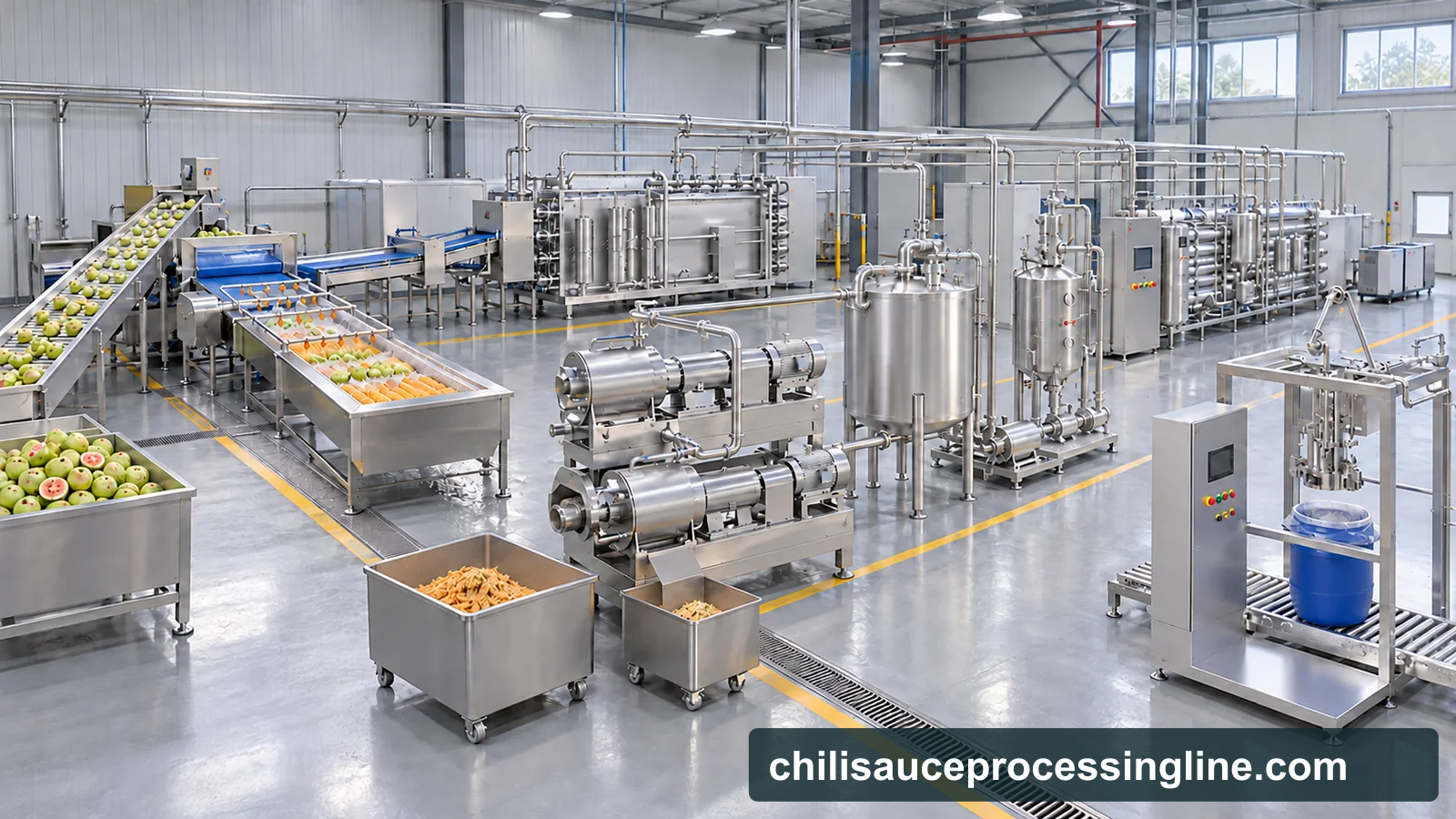 Conceptual guava factory layout with washing, inspection, conditional crushing and preheating, two-stage seed separation, pulp treatment and drum filling.