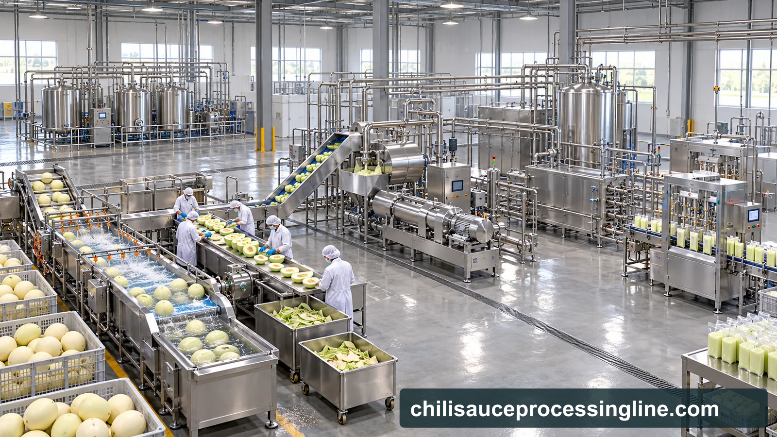 Reference-based conceptual honeydew puree base factory layout showing receiving, fruit-specific preparation, product treatment and packing interfaces
