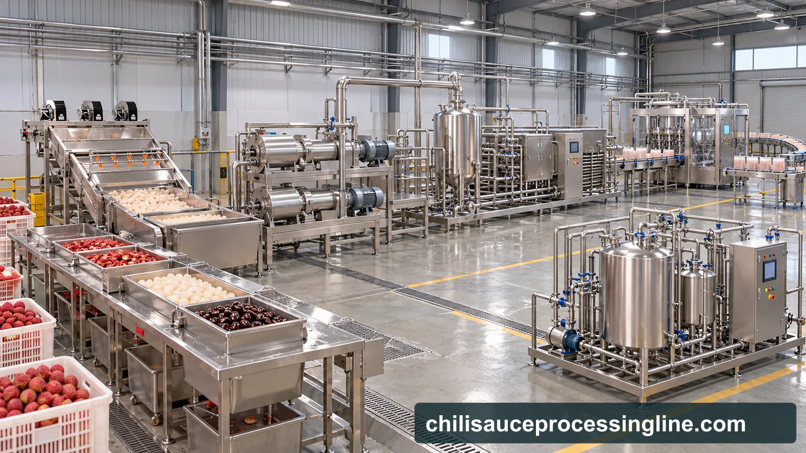 Reference-based conceptual lychee puree base factory layout showing receiving, fruit-specific preparation, product treatment and packing interfaces