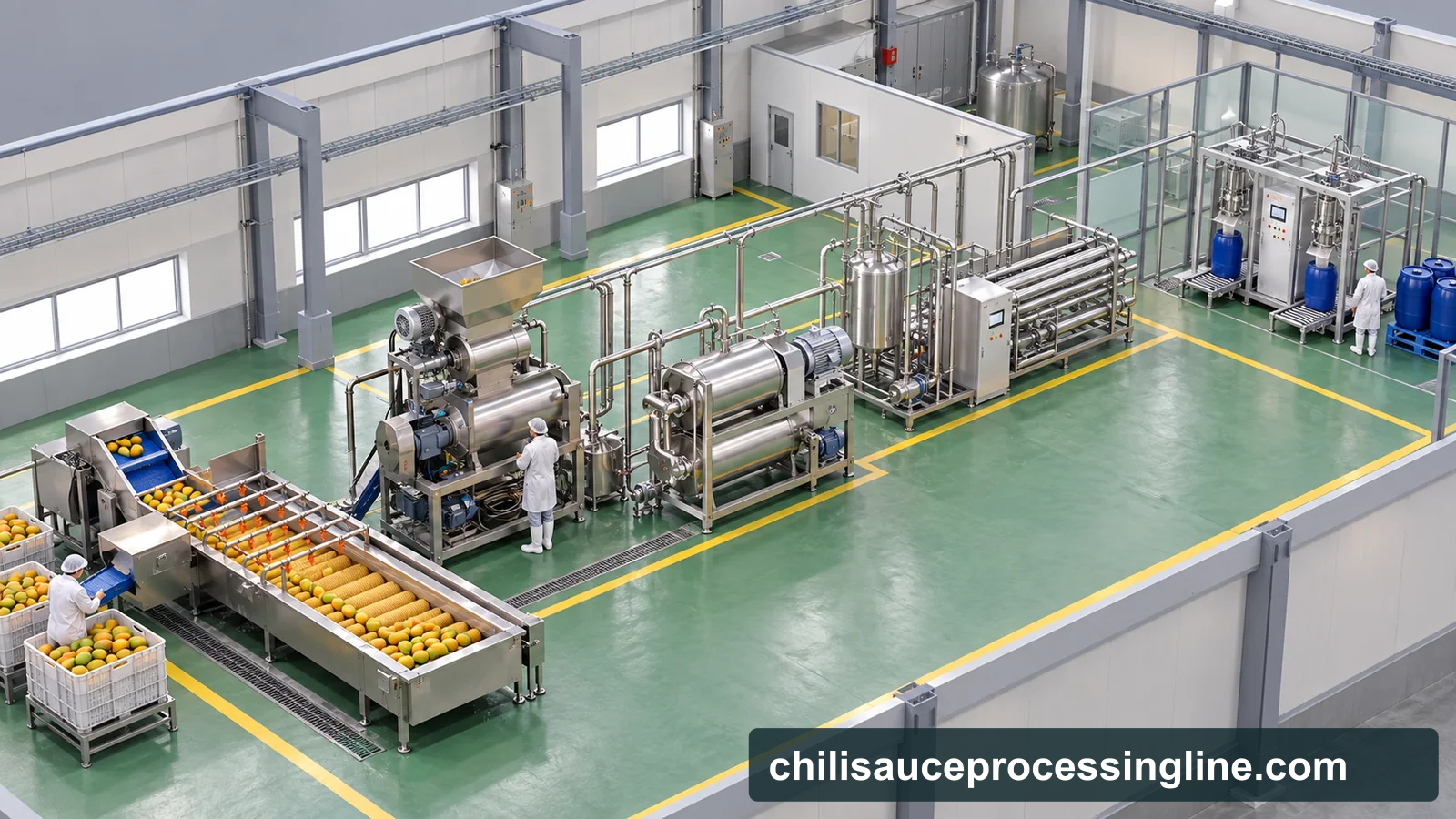 Conceptual factory layout of a mango pulp line with brush washer, destoner, finisher, buffer tank, tubular treatment skid and aseptic bag filler