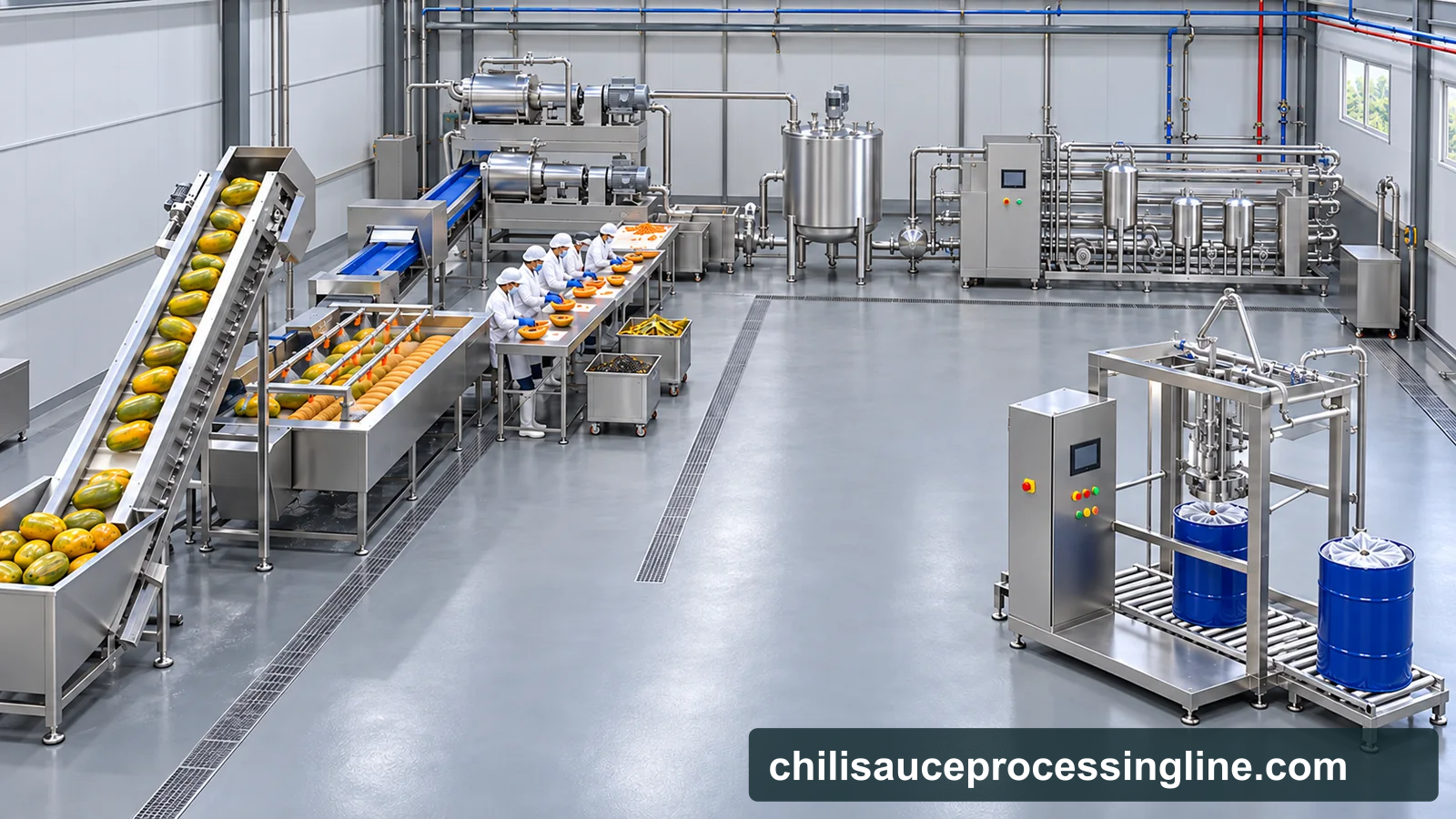 Conceptual factory layout of a papaya puree line, from the receiving elevator and brush washer through manual flesh preparation, two-stage pulping, buffered tubular treatment and aseptic drum filling.