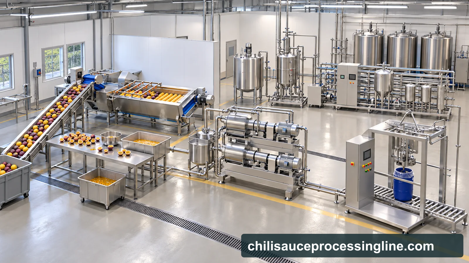 Conceptual factory layout of a passion fruit processing line with receiving conveyor, brush washer, inspection and manual opening table, two-stage pulp finisher, buffer vessels, vacuum deaerator, tubular thermal skid, aseptic bag filler and CIP station
