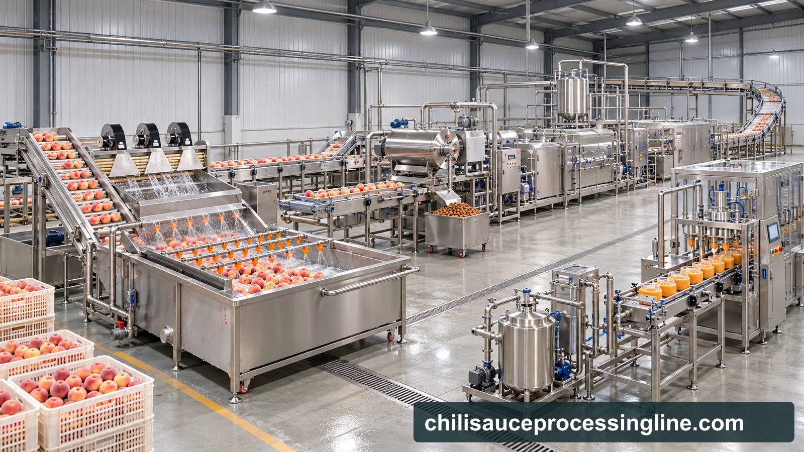 Reference-based conceptual peach puree factory layout showing receiving, fruit-specific preparation, product treatment and packing interfaces