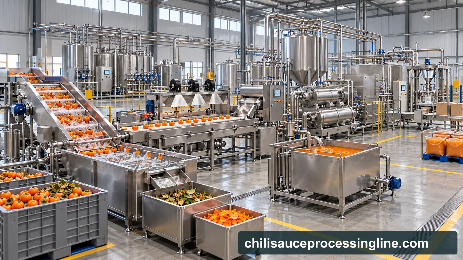 Reference-based conceptual persimmon puree factory layout showing receiving, fruit-specific preparation, product treatment and packing interfaces