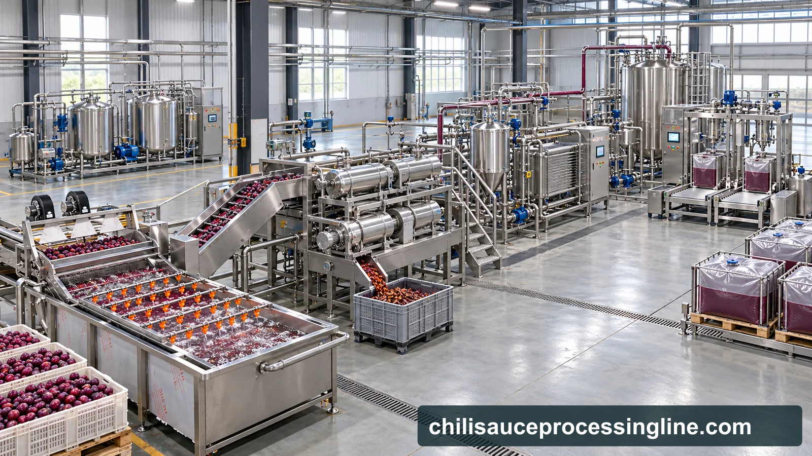 Reference-based conceptual plum puree factory layout showing receiving, fruit-specific preparation, product treatment and packing interfaces