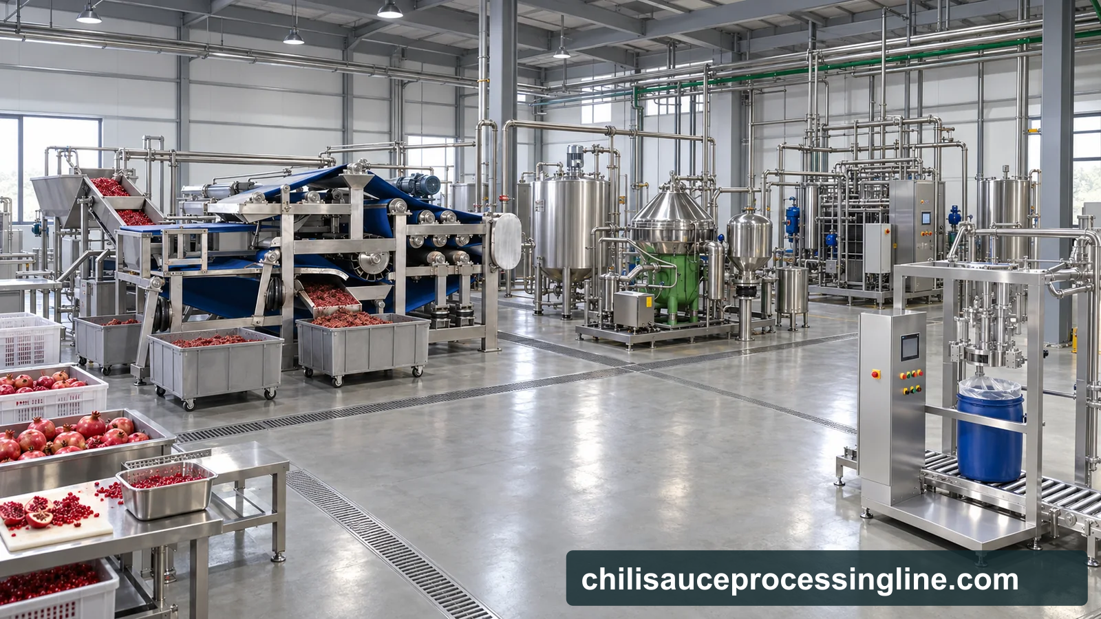 Conceptual factory layout of a prepared-aril pomegranate juice line, with belt press, disc separator, process tanks, thermal skid and bulk filler