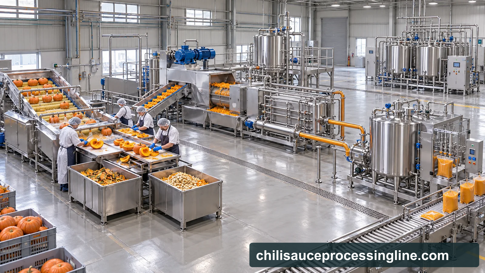 Reference-based conceptual pumpkin puree factory layout showing receiving, fruit-specific preparation, product treatment and packing interfaces