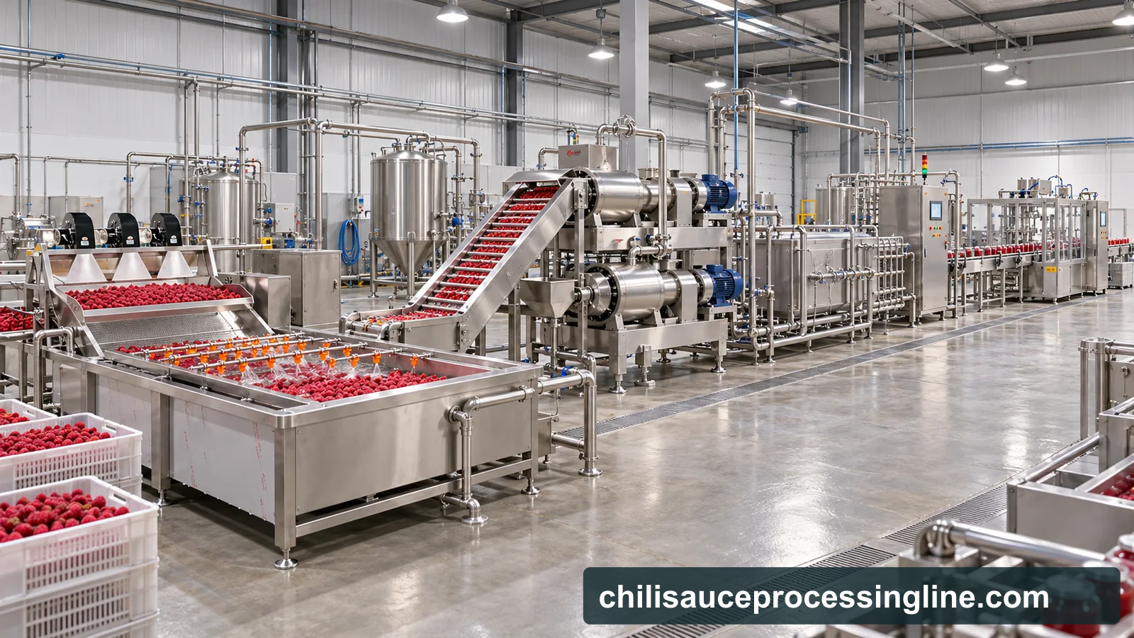 Reference-based conceptual raspberry puree factory layout showing receiving, fruit-specific preparation, product treatment and packing interfaces