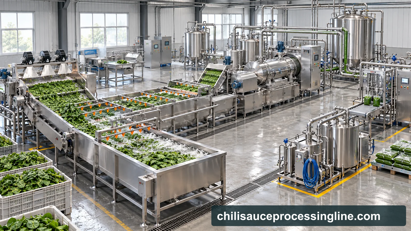 Reference-based conceptual spinach puree base factory layout showing receiving, fruit-specific preparation, product treatment and packing interfaces