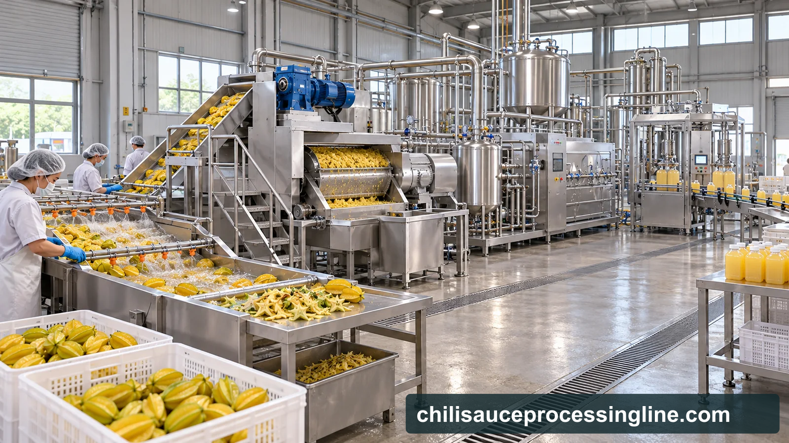 Reference-based conceptual starfruit juice factory layout showing receiving, fruit-specific preparation, product treatment and packing interfaces