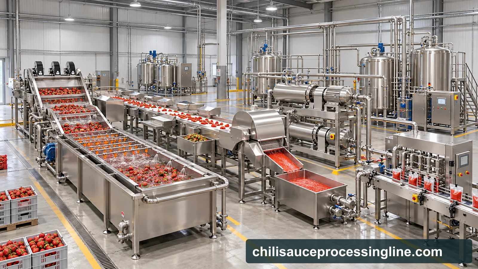 Reference-based conceptual strawberry puree factory layout showing receiving, fruit-specific preparation, product treatment and packing interfaces