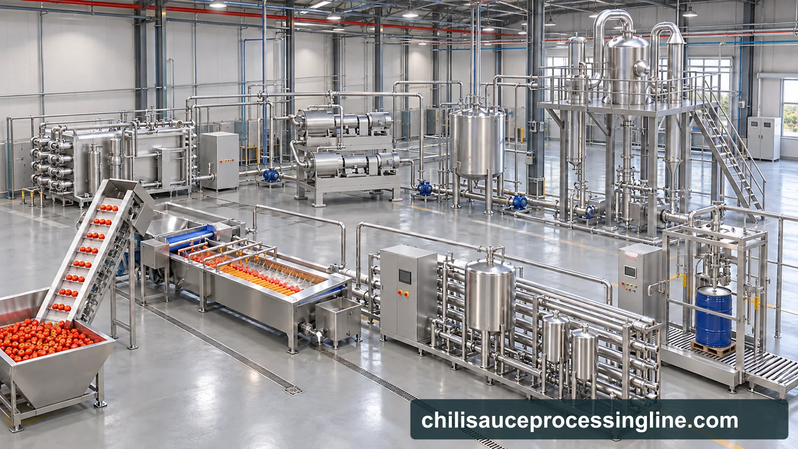 Conceptual factory-layout visualization of a tomato paste line with receiving, washing, pulping, evaporation, thermal treatment and aseptic filling equipment