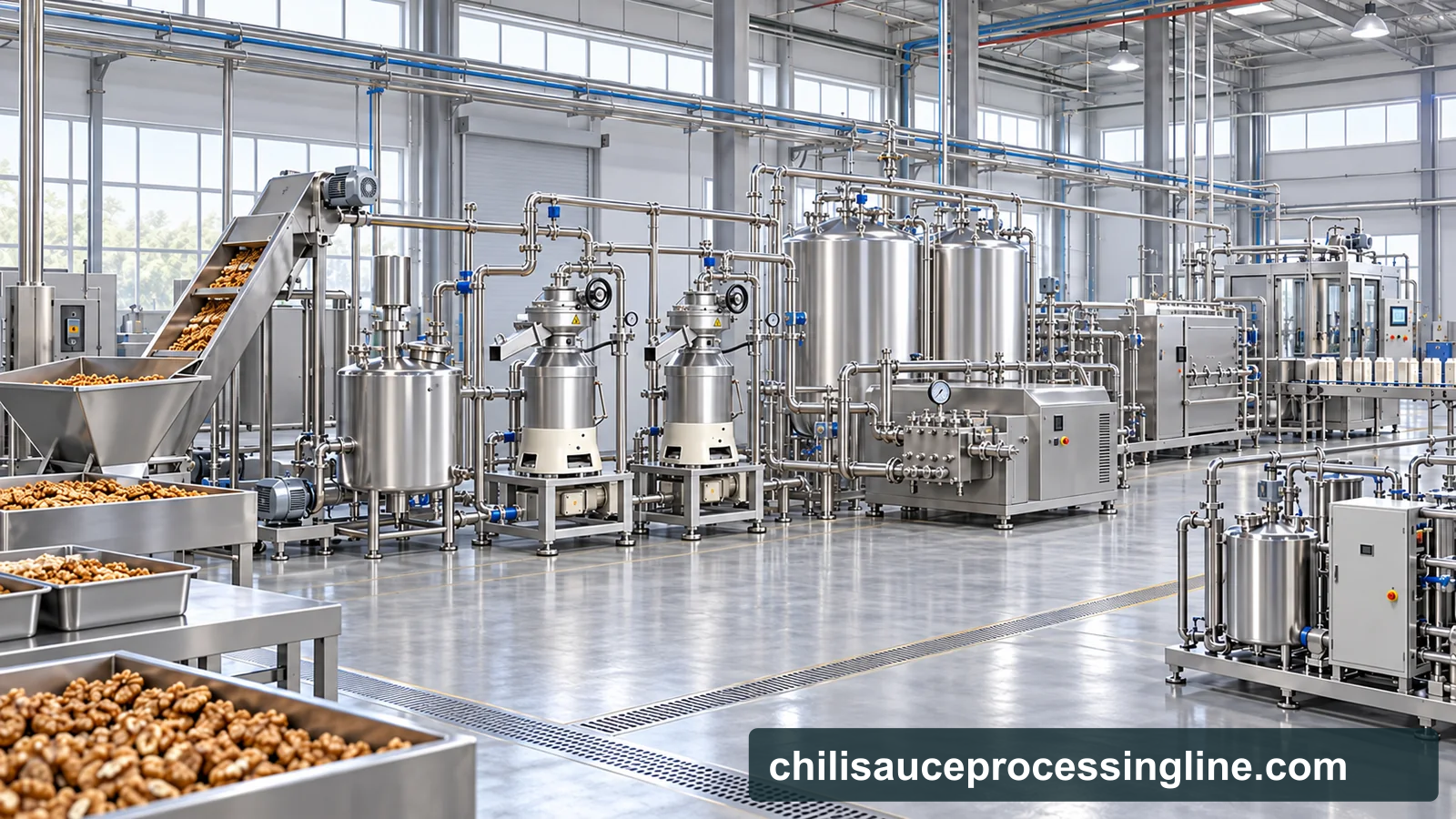 Reference-based conceptual walnut beverage base factory layout showing receiving, fruit-specific preparation, product treatment and packing interfaces