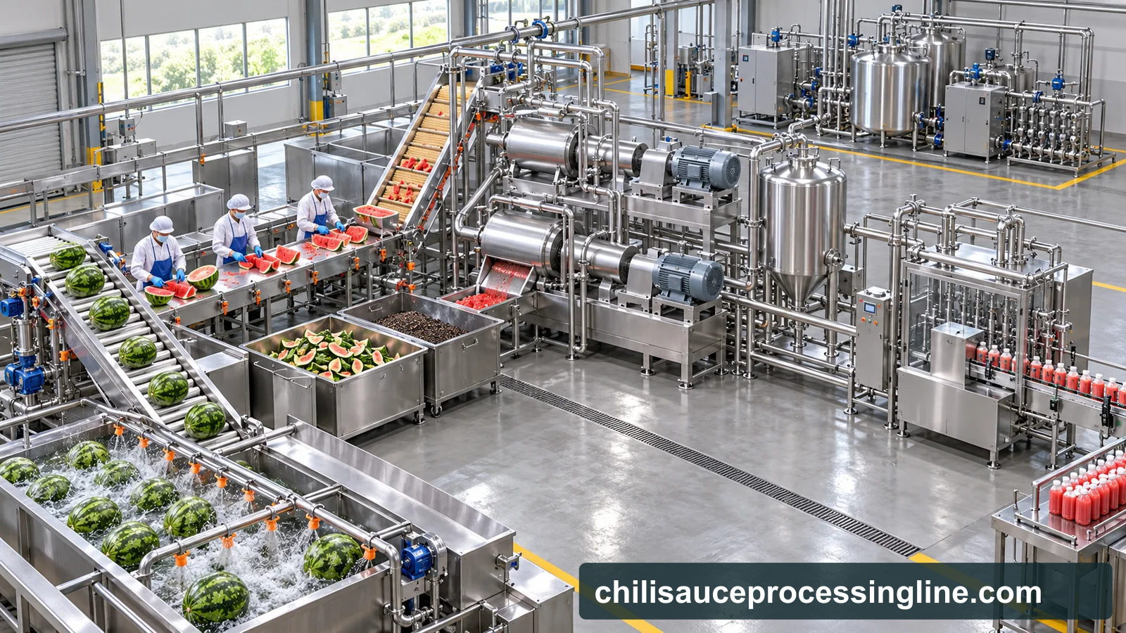 Reference-based conceptual watermelon juice factory layout showing receiving, fruit-specific preparation, product treatment and packing interfaces